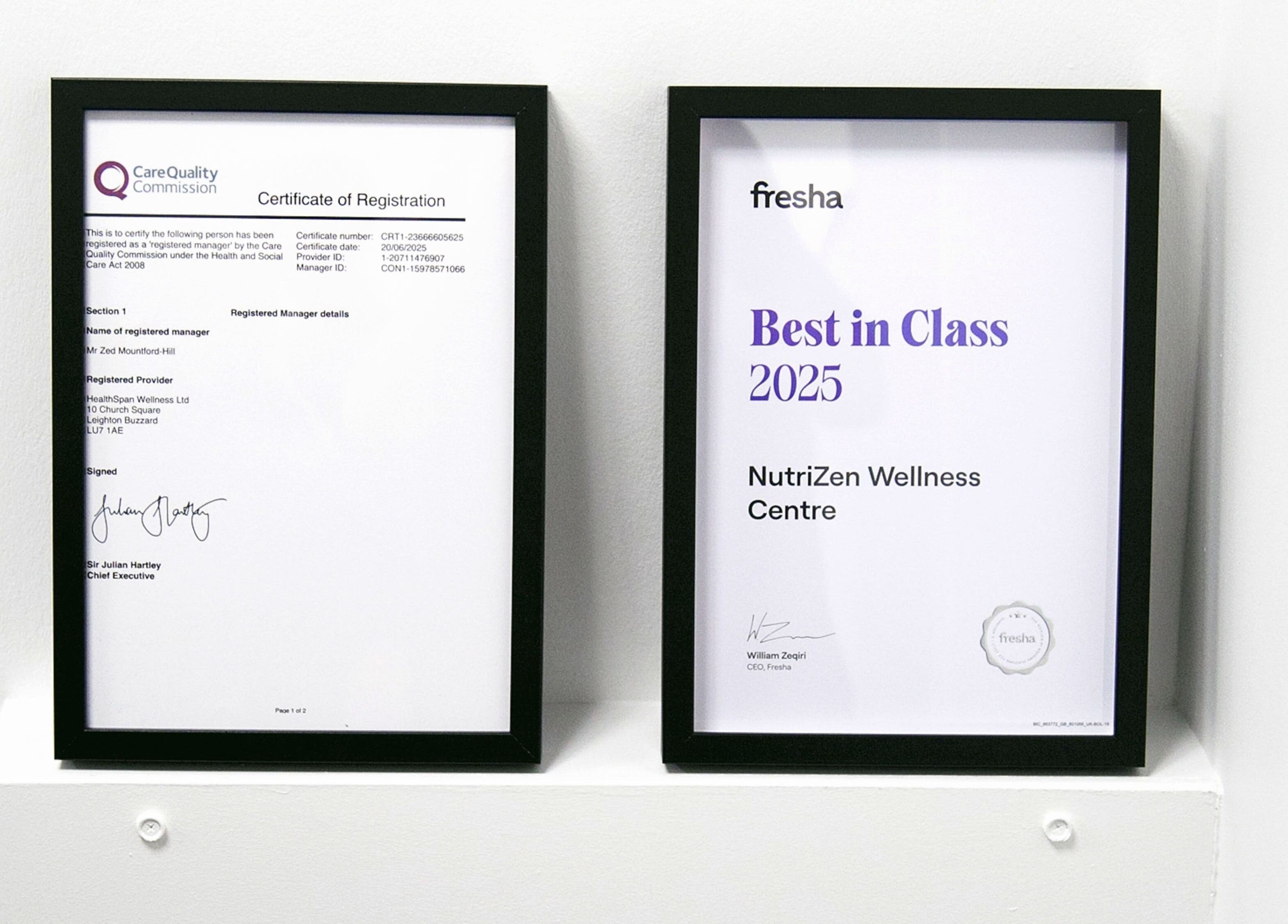 Certificates displayed at NutriZen Wellness Centre, Wolverton, England, GB, emphasizing quality and recognition.