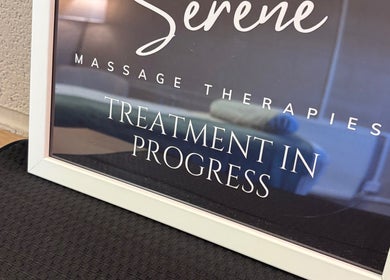 Serene Massage Therapies sign in Faversham, England, GB indicating treatment in progress.