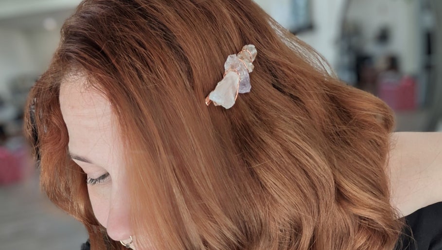 Copper and crystal hairpin in styled hair at Hair Creations by Pagie Xox, Maryville, Illinois, US.
