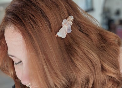 Copper and crystal hairpin in styled hair at Hair Creations by Pagie Xox, Maryville, Illinois, US.
