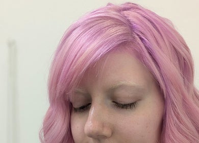 Vibrant pink hair styled at Hair Creations by Pagie Xox, Maryville, Illinois, US.