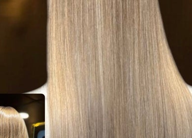 Sleek blonde hair treatment at VST Exclusive Spa Salon in Brooklyn, New York, US.