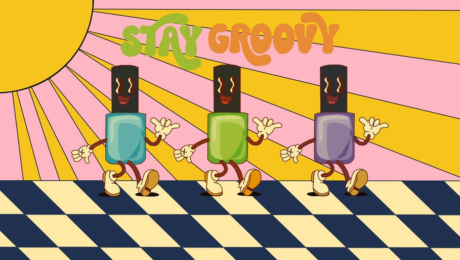 Animated nail polish bottles dancing at Groovy Beauty Studio, Idaho Falls, Idaho, US.