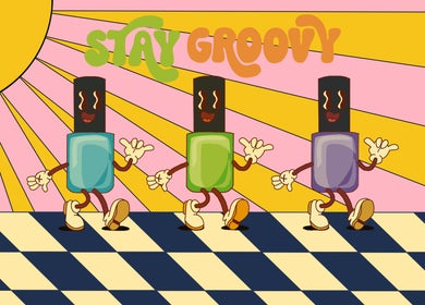 Animated nail polish bottles dancing at Groovy Beauty Studio, Idaho Falls, Idaho, US.
