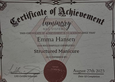 Structured Manicure certificate from Groovy Beauty Studio in Idaho Falls, Idaho, US.