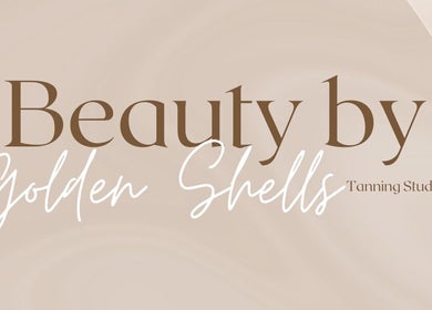 Logo of Beauty by Golden Shells, a tanning studio in Leeds, England, GB, with elegant text on a beige background.
