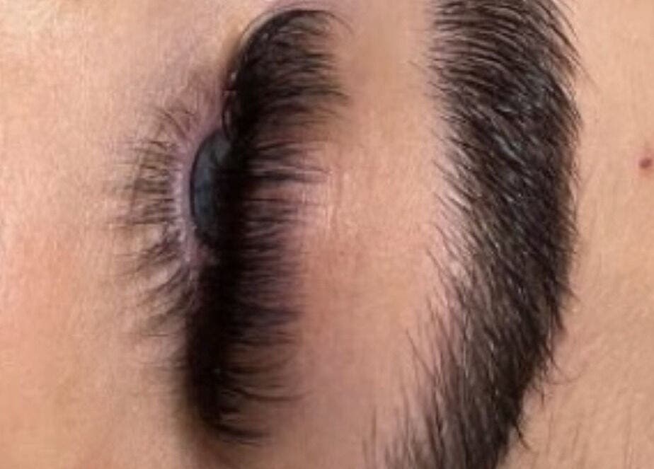 Close-up of expertly styled eyebrow and lash at Beauty by Golden Shells, Leeds, England, GB.