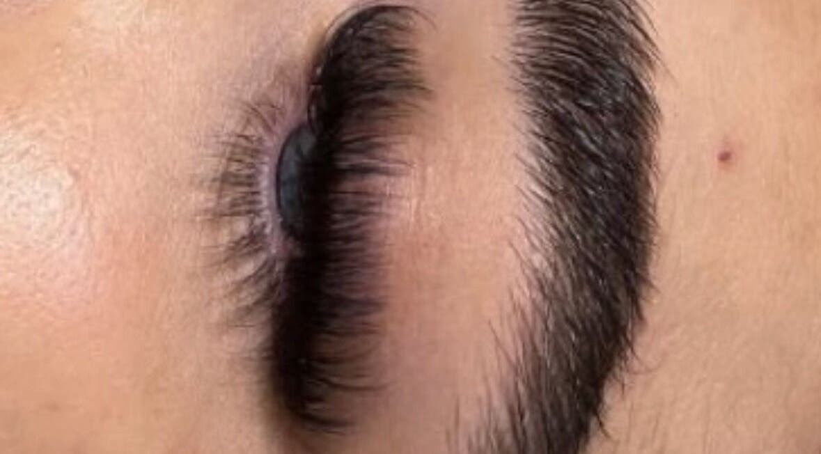 Close-up of expertly styled eyebrow and lash at Beauty by Golden Shells, Leeds, England, GB.