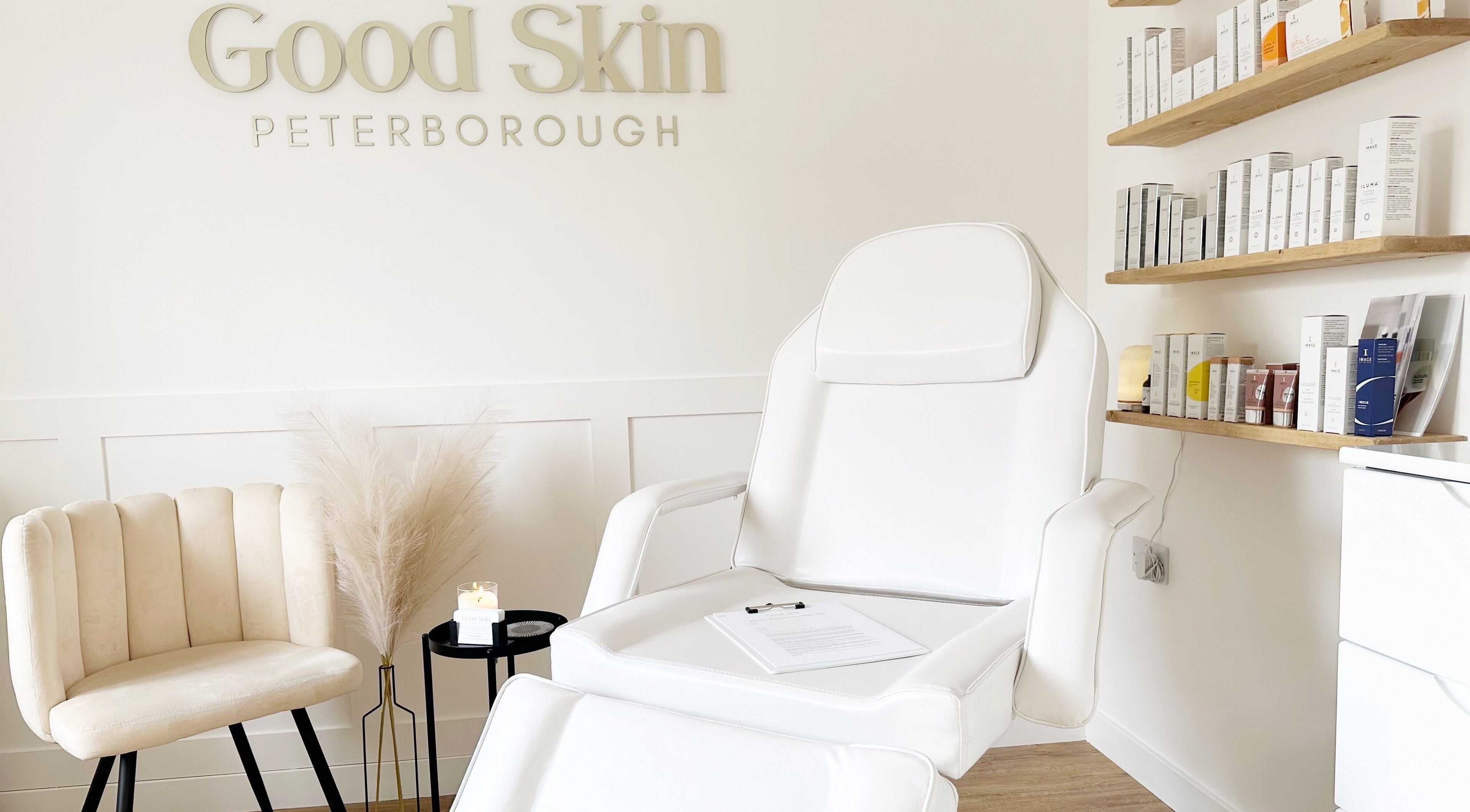 Treatment room at The Good Skin Clinic in Peterborough, England, GB, showcasing a modern skincare facility.
