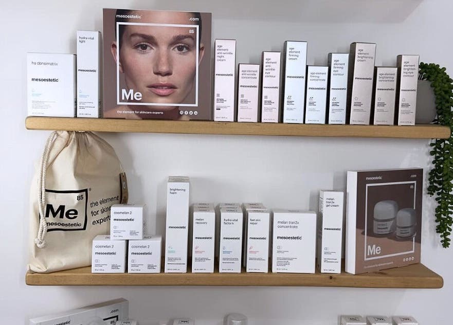 A display of skincare products at The Good Skin Clinic, Peterborough, England, GB, featuring Mesoestetic range.
