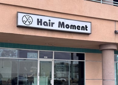 Hair Moment salon entrance in Rowland Heights, California, US, with modern signage.