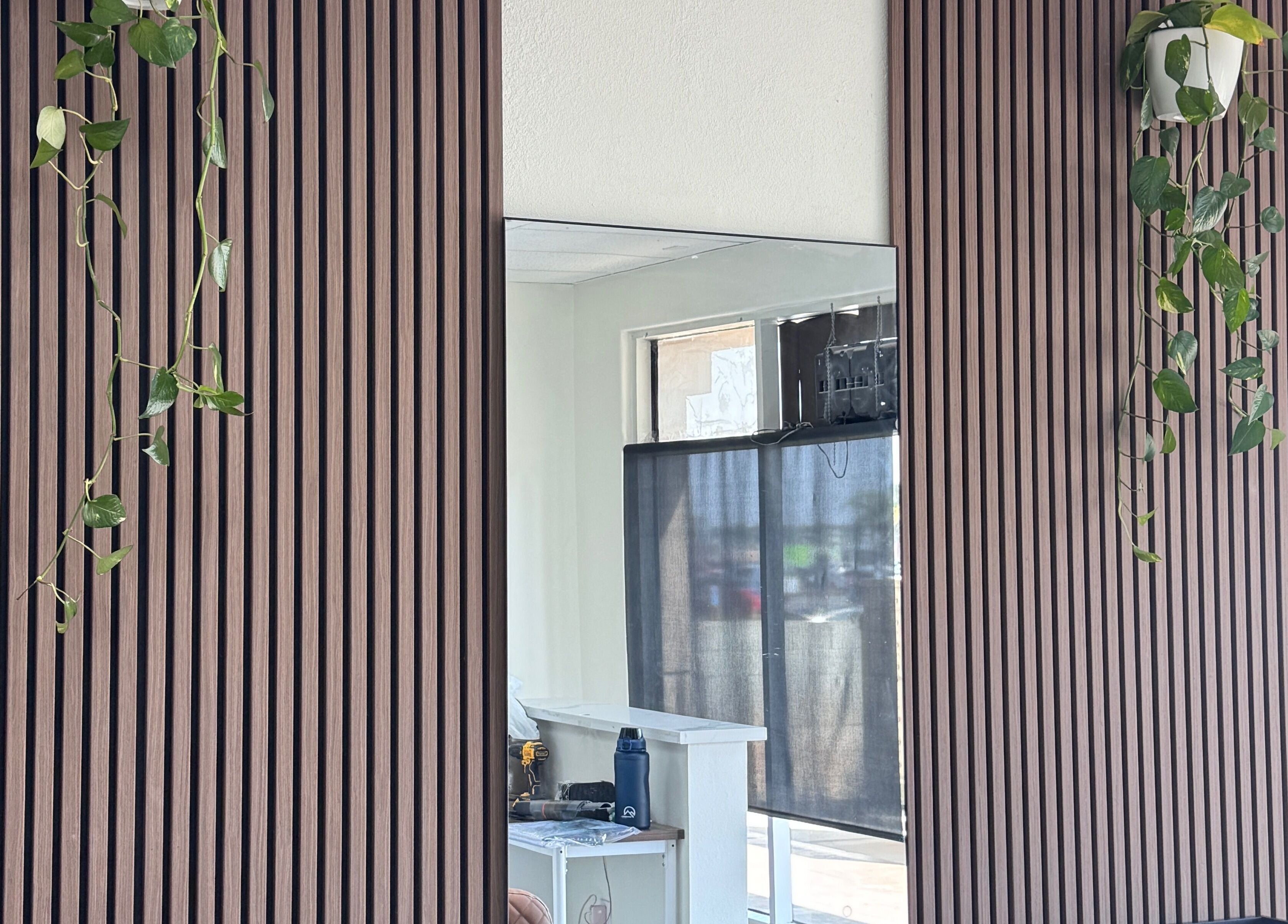 Stylish mirror area with hanging plants at Hair Moment, Rowland Heights, California, US.