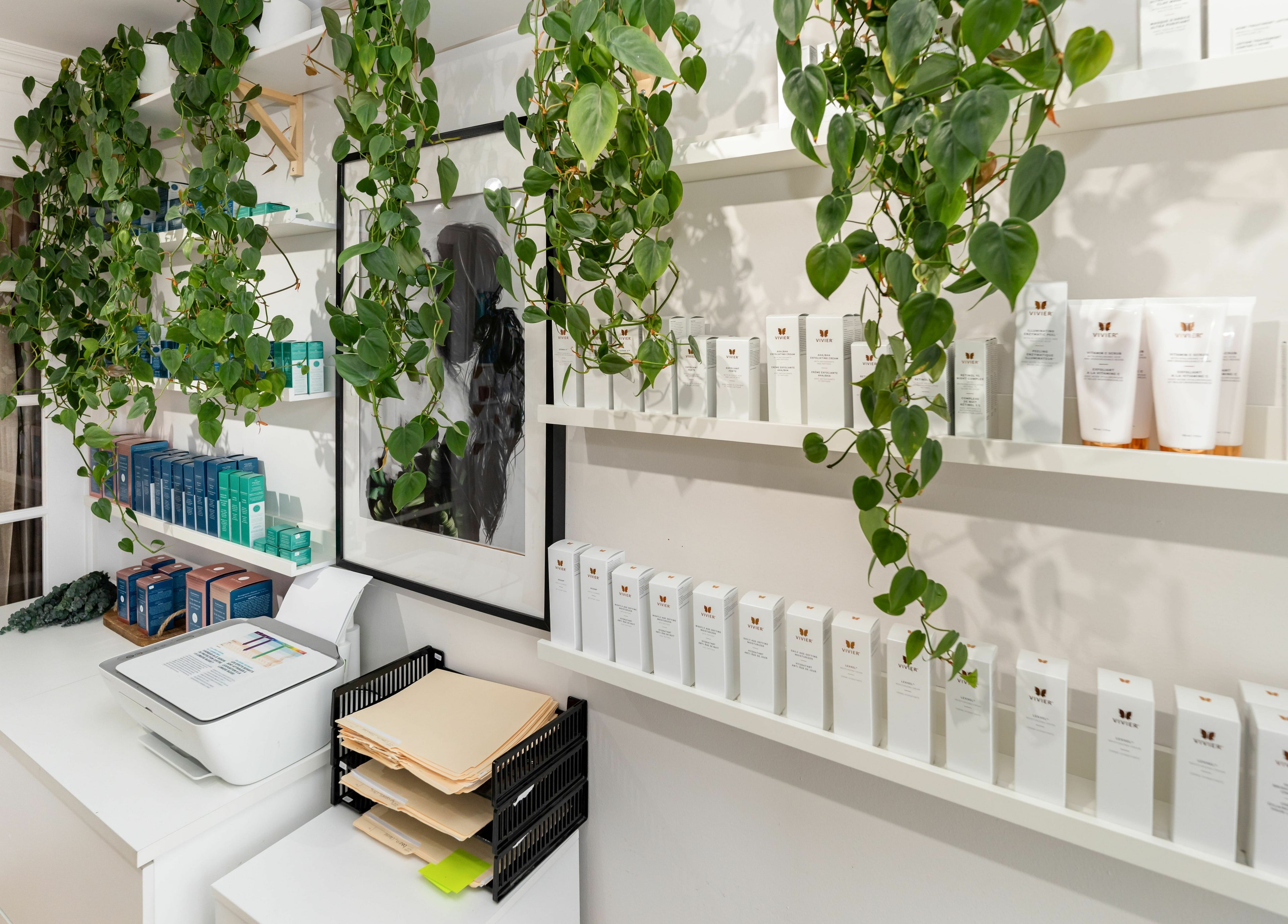 Élégant présentoir de produits et plantes chez JN Esthétique, Terrebonne, Québec, CA.