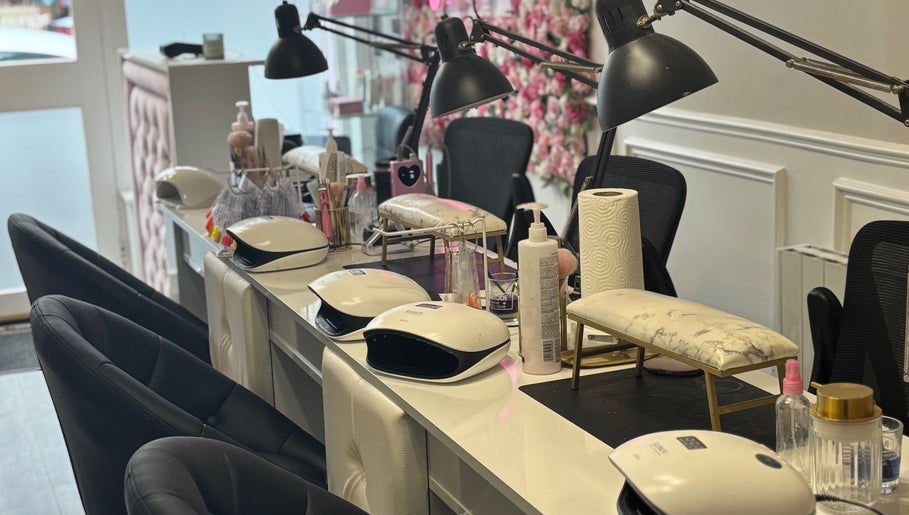 Manicure setup at NK Nail & Beauty Bar, Moate, County Westmeath, IE, showcasing tools and spa chairs.