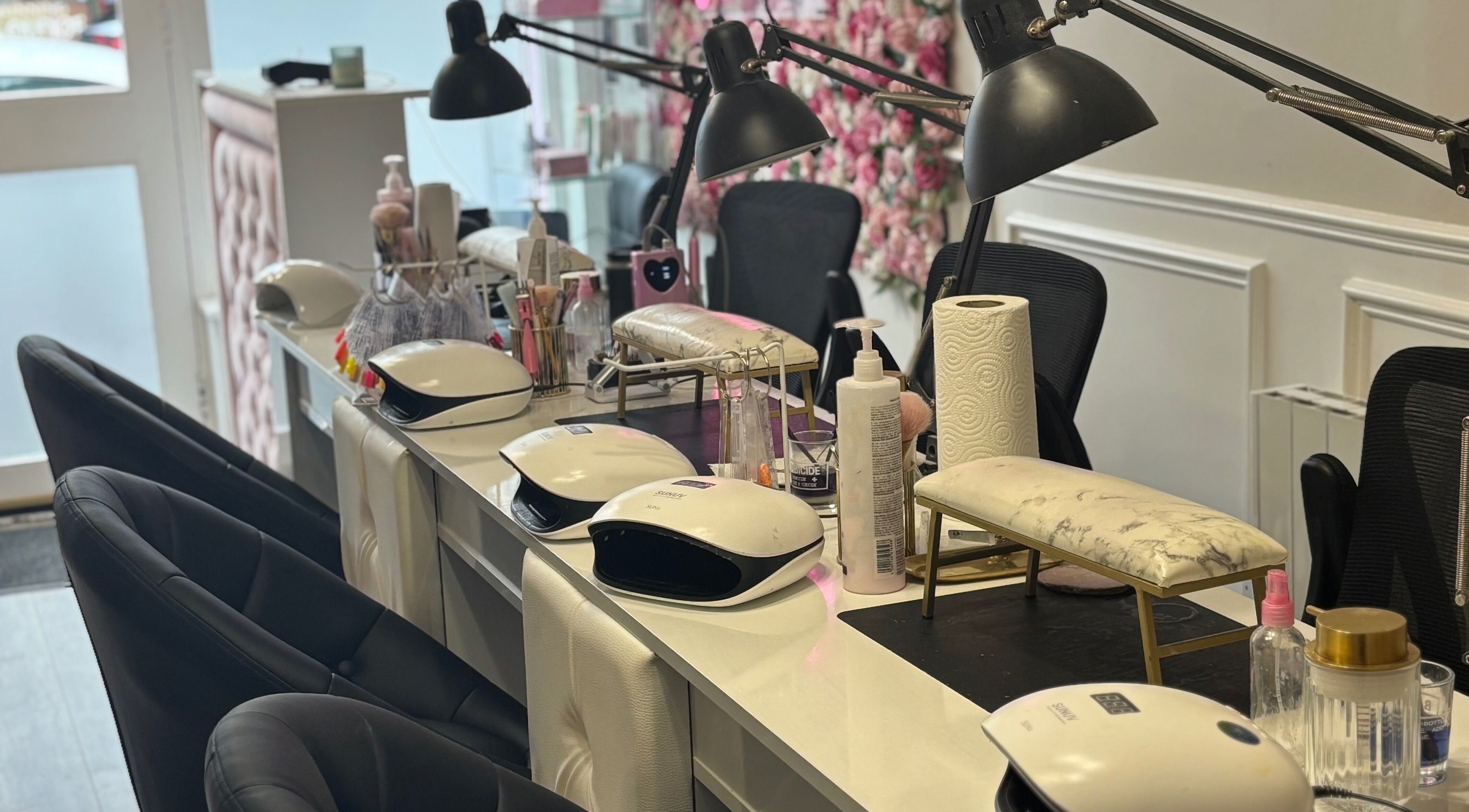 Manicure setup at NK Nail & Beauty Bar, Moate, County Westmeath, IE, showcasing tools and spa chairs.