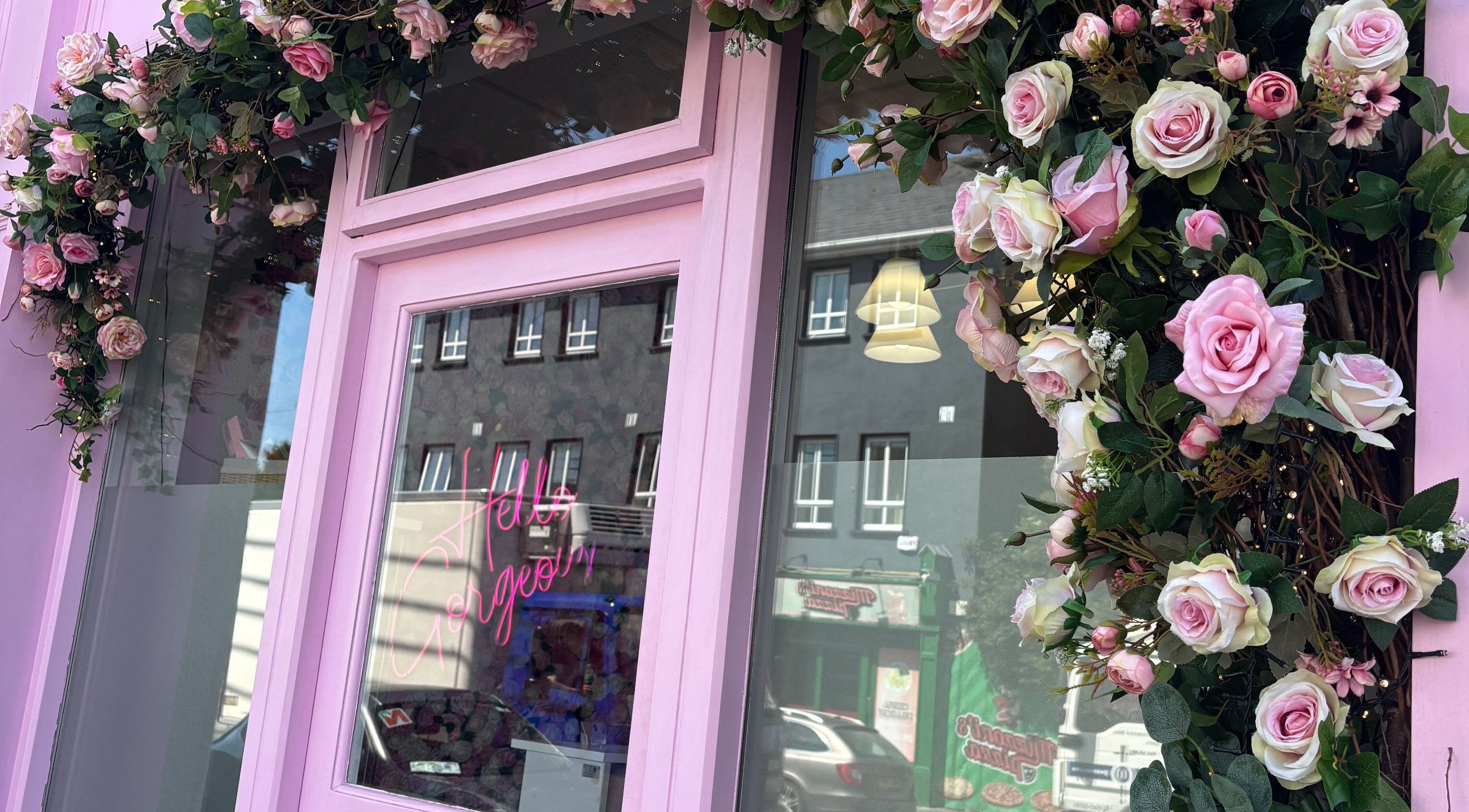 Charming pink floral entrance at NK Nail & Beauty Bar, Moate, County Westmeath, IE.
