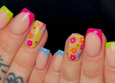 Colorful flower nail art by Beauty by Kellie, Holmewood, England, GB.