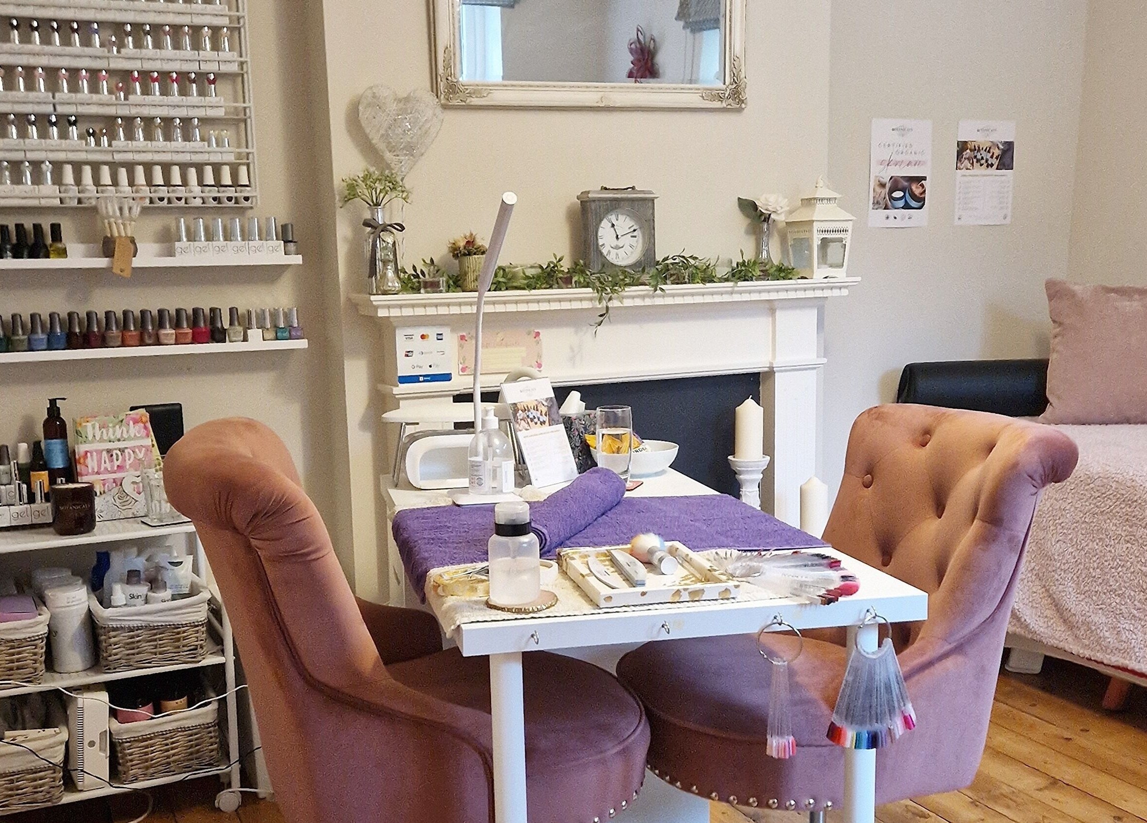 Cozy, elegant interior of Radiant Rose Beauty Room in Salisbury, England, GB. Features manicure setup and rustic decor.