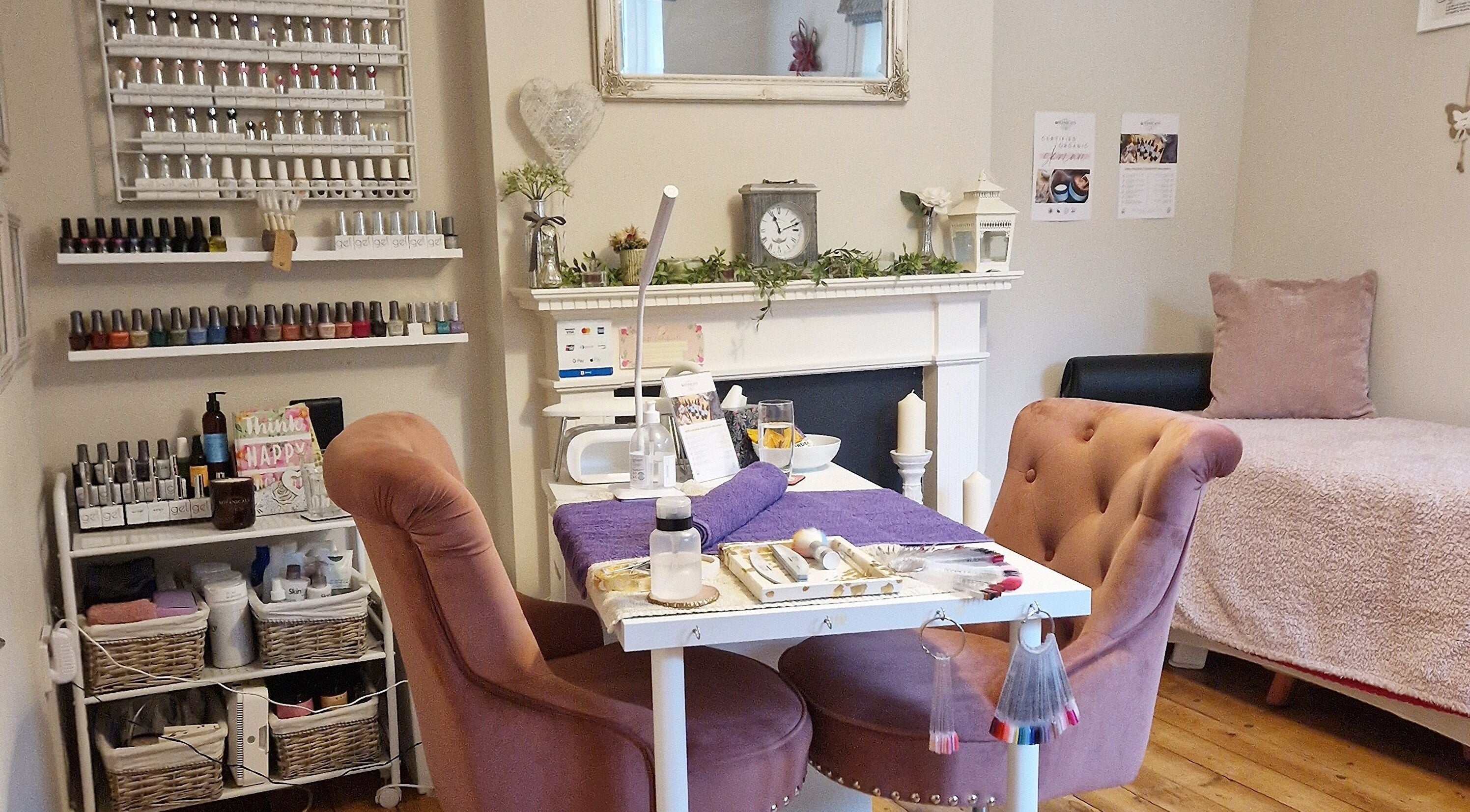 Cozy, elegant interior of Radiant Rose Beauty Room in Salisbury, England, GB. Features manicure setup and rustic decor.