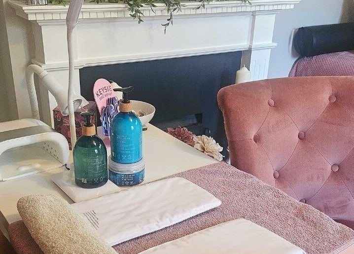 Chic beauty station at Radiant Rose Beauty Room in Salisbury, England, GB featuring plush seating and decor.