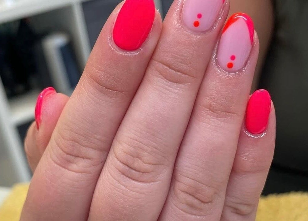 Bright pink and dot pattern nail art at Beauty Within by Rebecca, Wexford, County Wexford, IE.