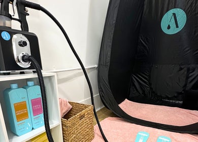 Spray tan booth and equipment at Palm Beauty Noosa in Noosaville, Queensland, AU.