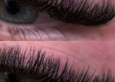 Close-up of professionally extended eyelashes at Lash money Christmas diary, Livingston, Scotland, GB.