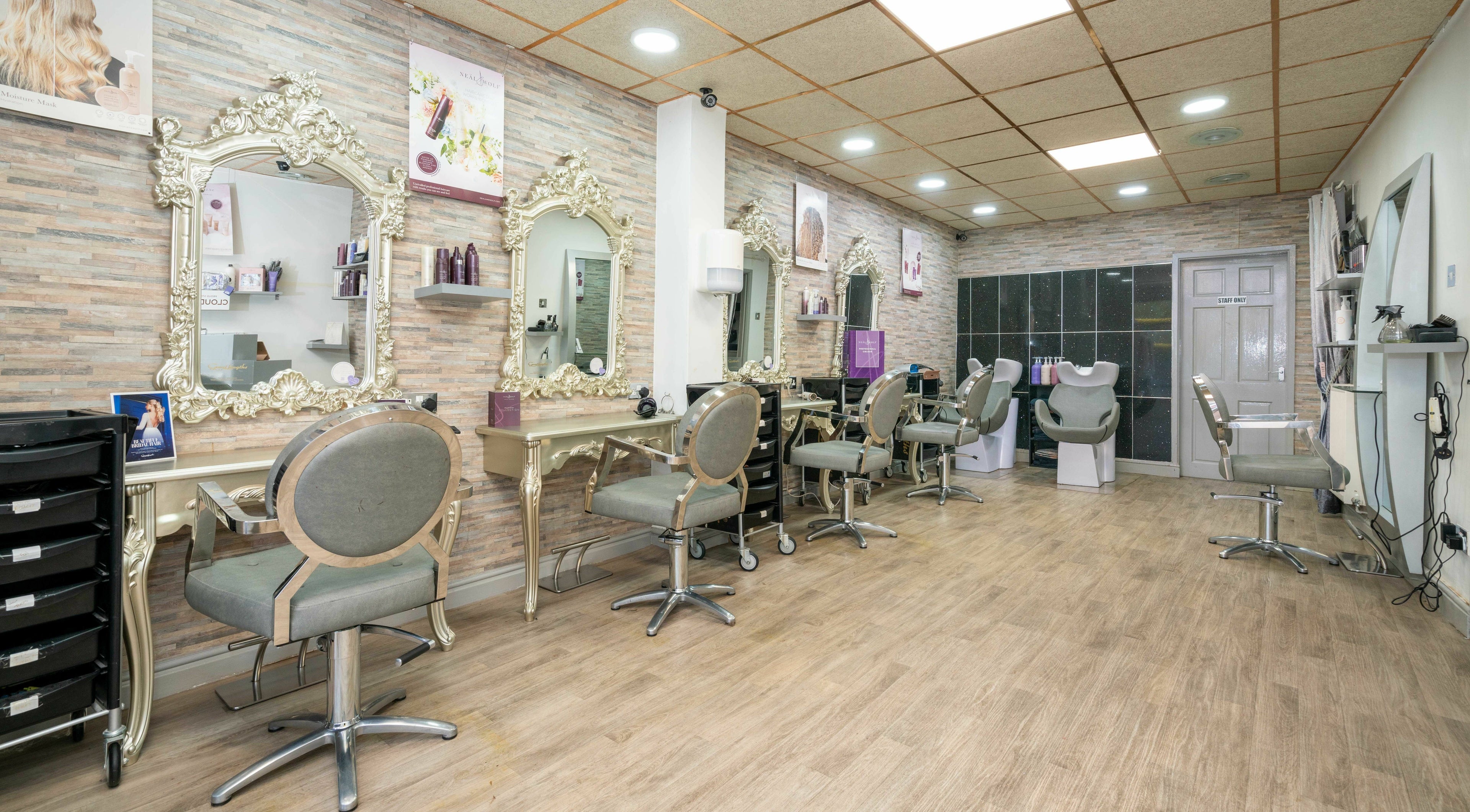Elegant styling chairs at Nicola George Hair Garswood, Ashton-in-Makerfield, England, GB.