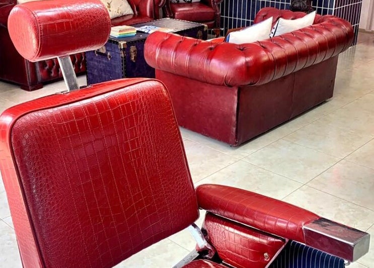 Luxurious red leather barber chairs at SPACE by Jason in Los Gallardos, Andalucía, ES.