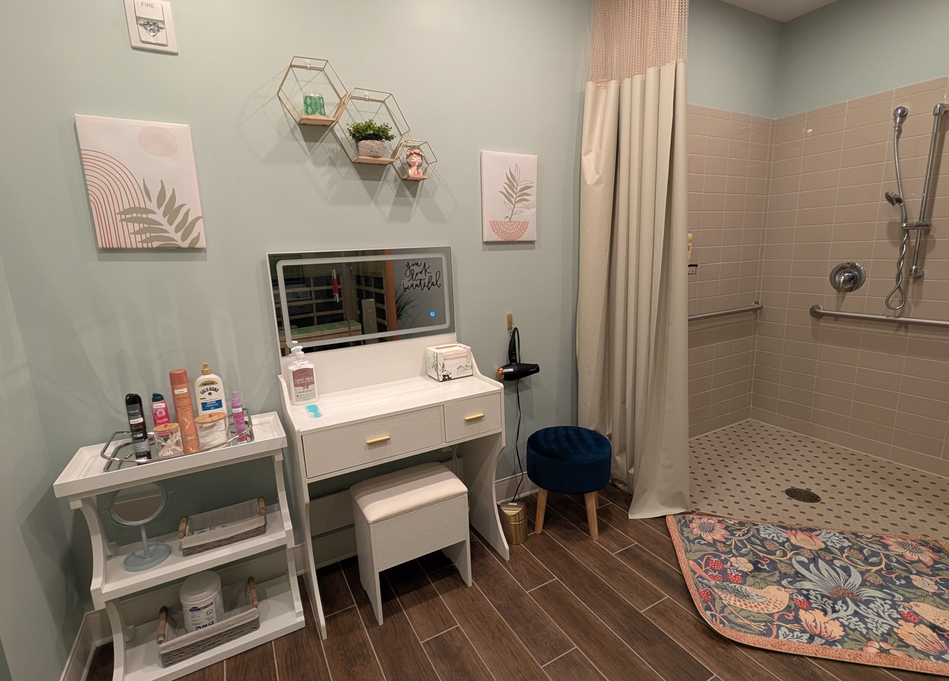 Chic vanity area at The Spa at The Villas Holmdel, Holmdel, New Jersey, US with luxury decor.