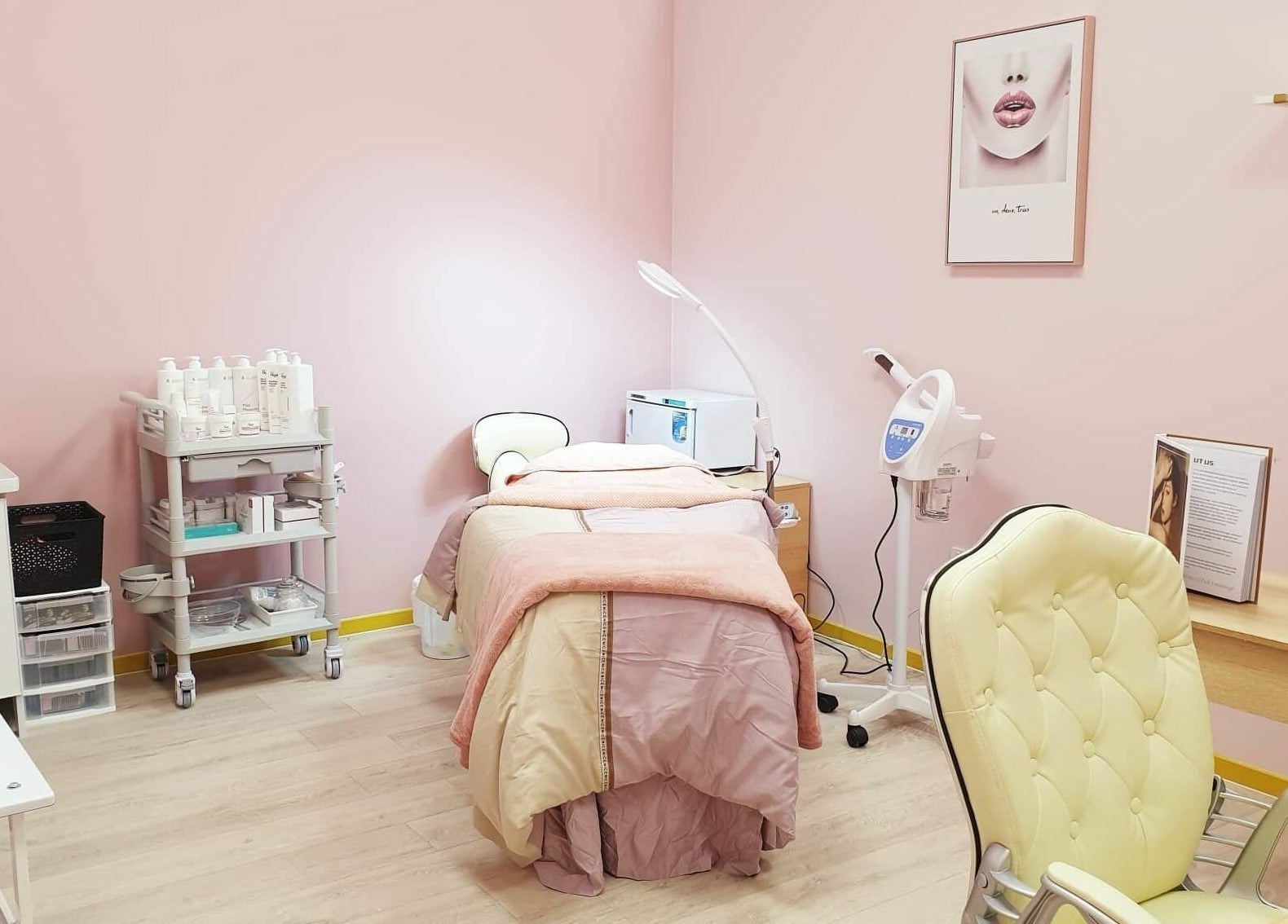 Cozy spa room with pink walls at Hello Beautiful Lounge - Hastings, NZ, featuring a treatment bed and equipment.