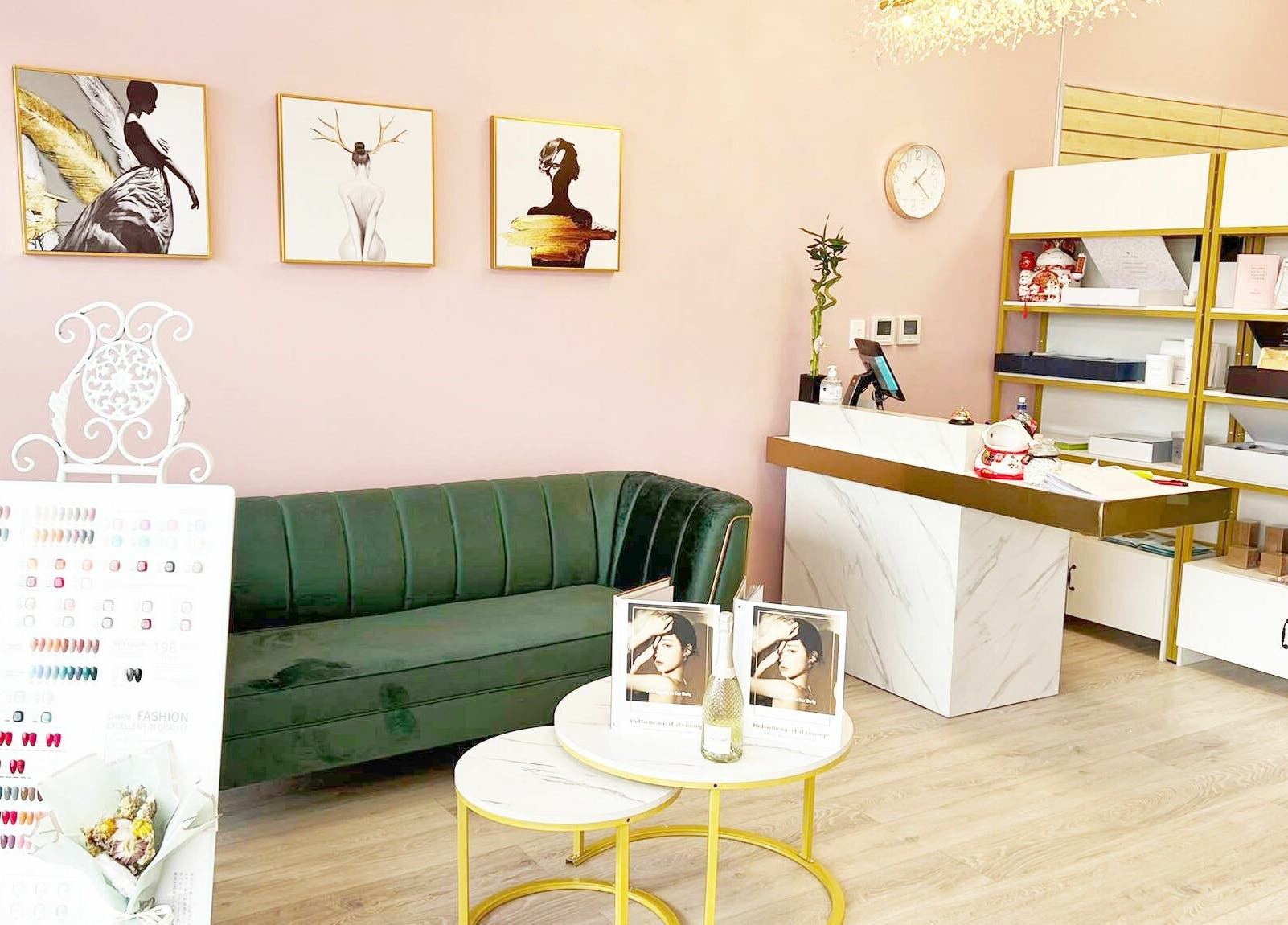 Hello Beautiful Lounge - Hastings features a plush green sofa and modern decor in Hastings, NZ.