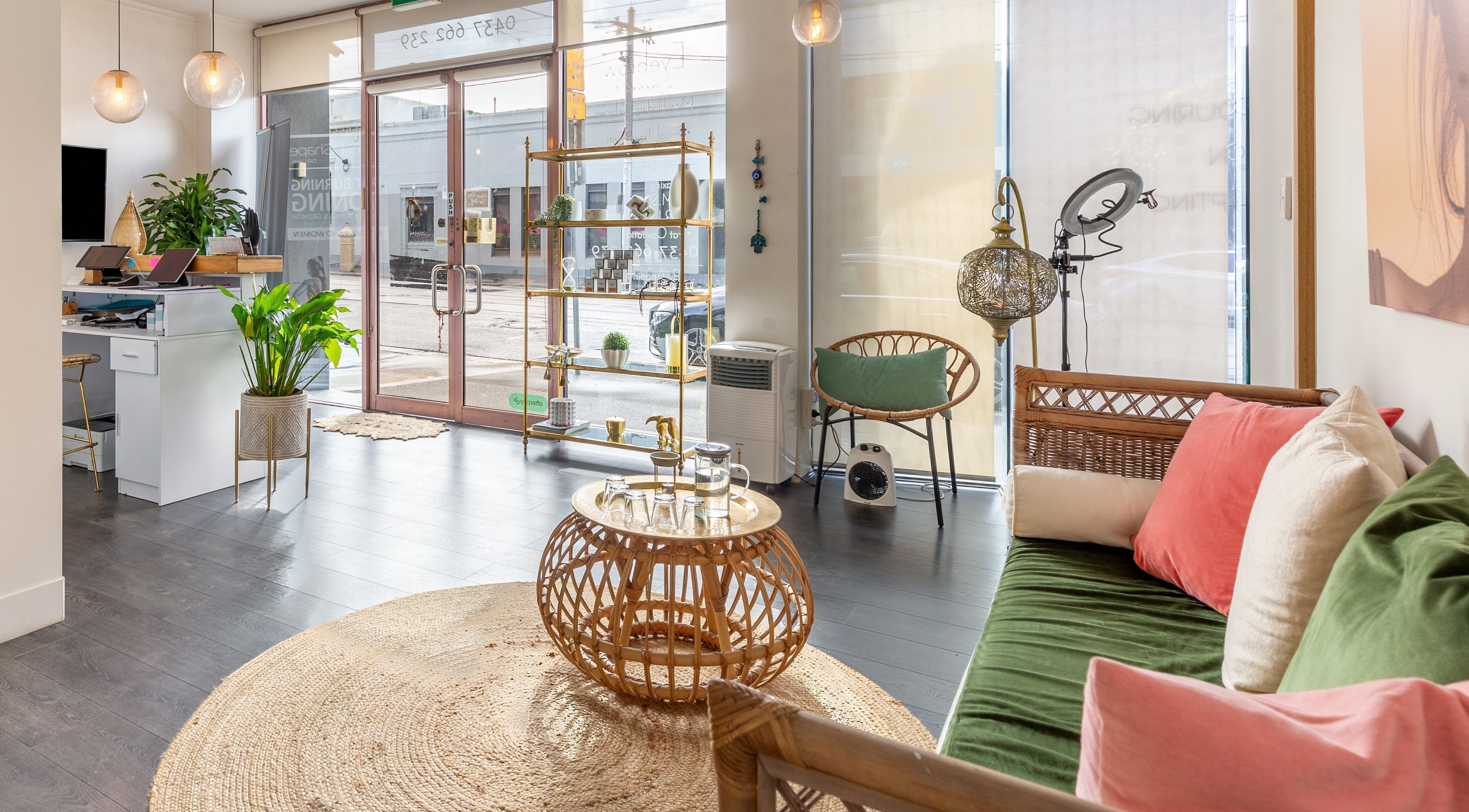 Chic interior of MA Beauty, Melbourne, Victoria, AU with modern decor and stylish seating.