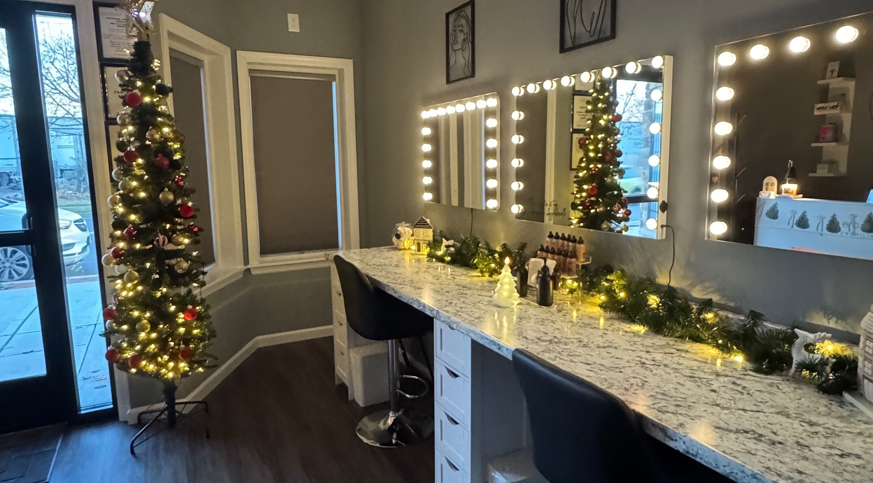 Holiday-themed makeup studio at Makeup & Skin by Gabrielle, Middlesex, New Jersey, US, with festive decorations.