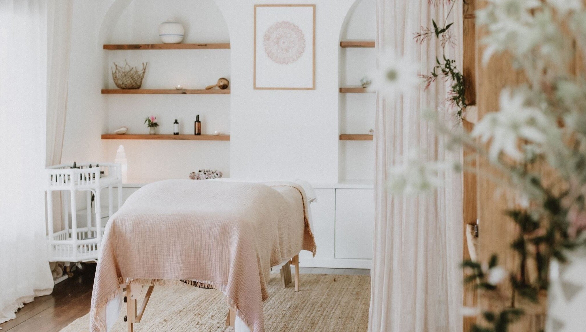 Calming massage room ambiance at Soulflower Studio, Sawtell, New South Wales, AU with soothing decor.