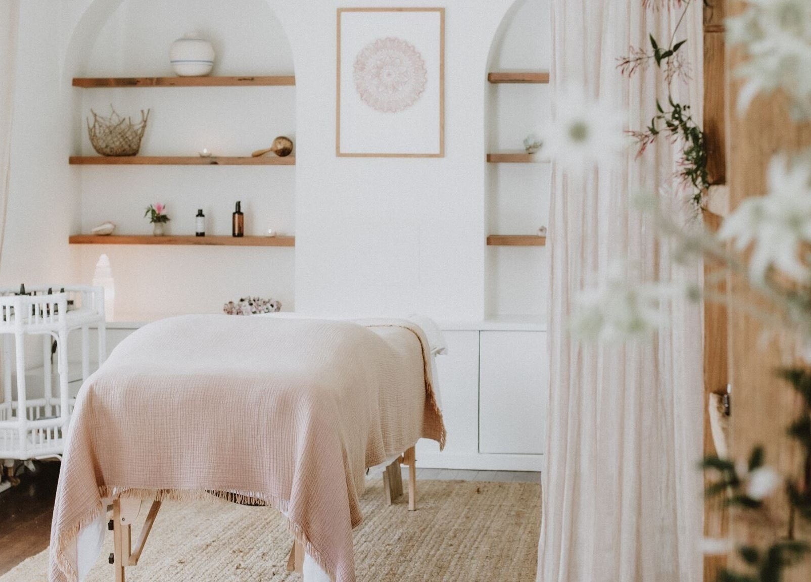 Calming massage room ambiance at Soulflower Studio, Sawtell, New South Wales, AU with soothing decor.