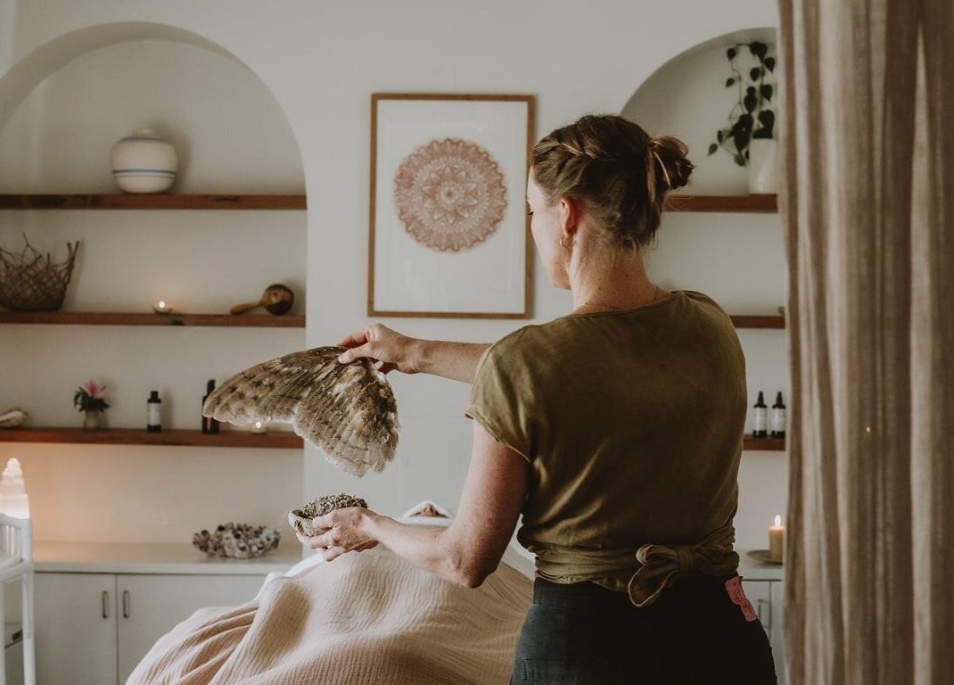 A soothing wellness ritual at Soulflower Studio in Sawtell, New South Wales, AU with calming decor.