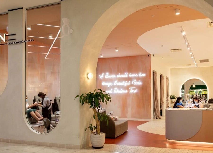 Entrance of Queen Nails Spa & Beauty in Newton, South Australia, highlighting modern decor and relaxing ambiance.