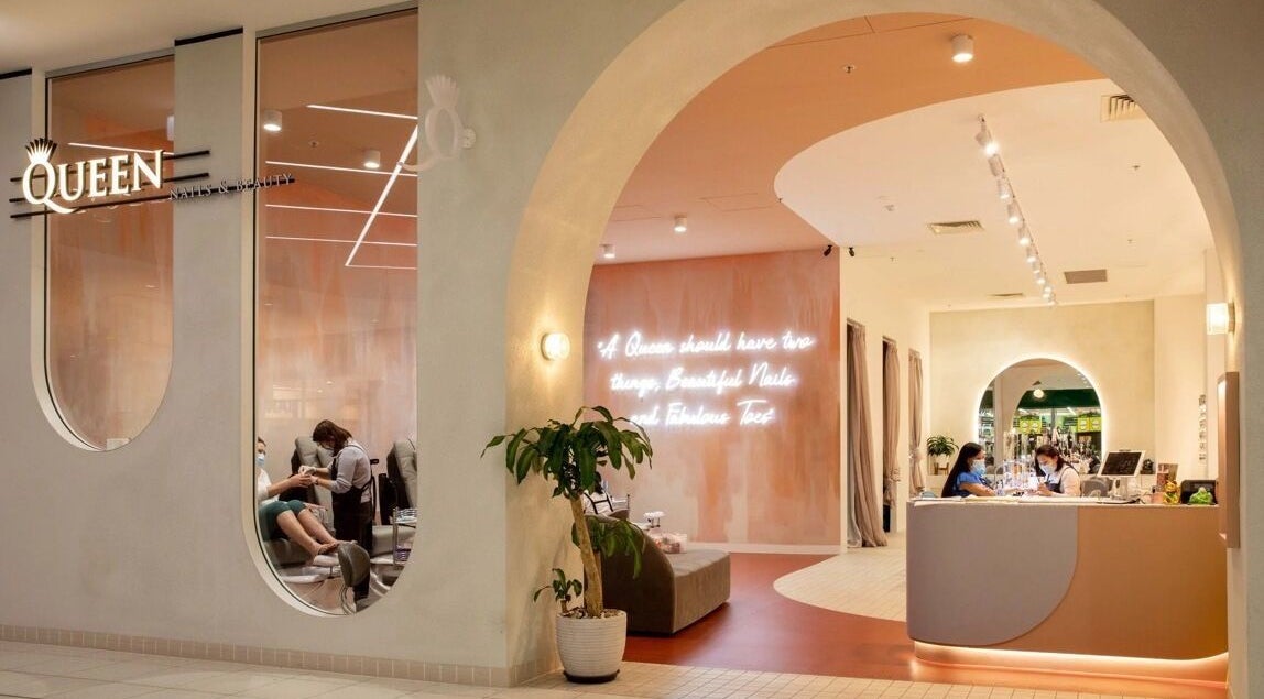 Entrance of Queen Nails Spa & Beauty in Newton, South Australia, highlighting modern decor and relaxing ambiance.