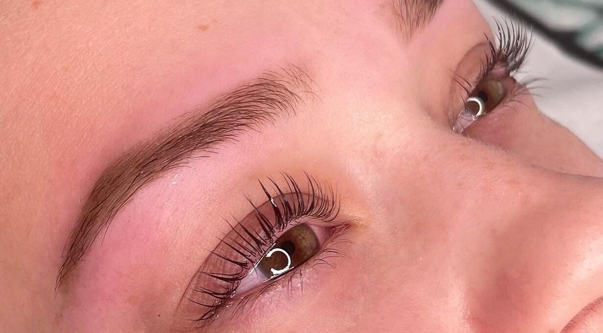 Close-up of expertly styled brows and lashes at CoCo Braids and Brows (Rugby), Rugby, England, GB.