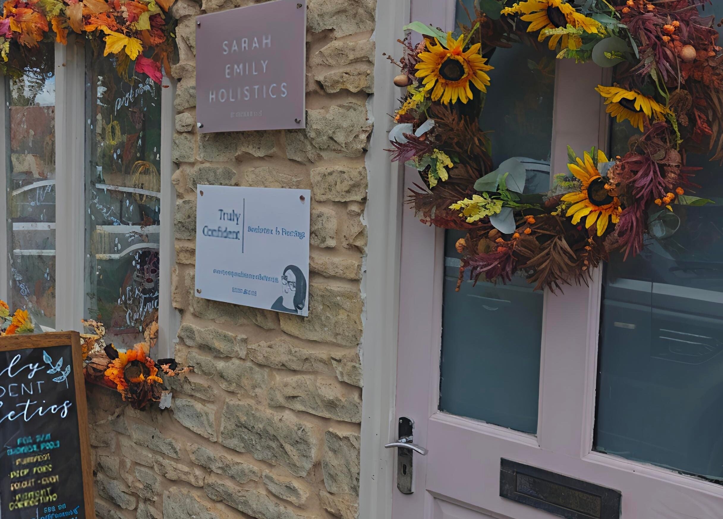Entrance of Truly Confident Aesthetics in Helpston, England, adorned with vibrant autumn decorations.