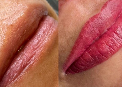 Before and after lip tinting at Matthews, North Carolina, US, showcasing a vibrant transformation.