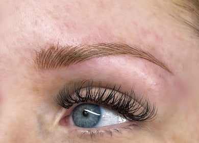 Close-up of styled lashes and brows at Beautiful You By Christine in Davidson, North Carolina, US.