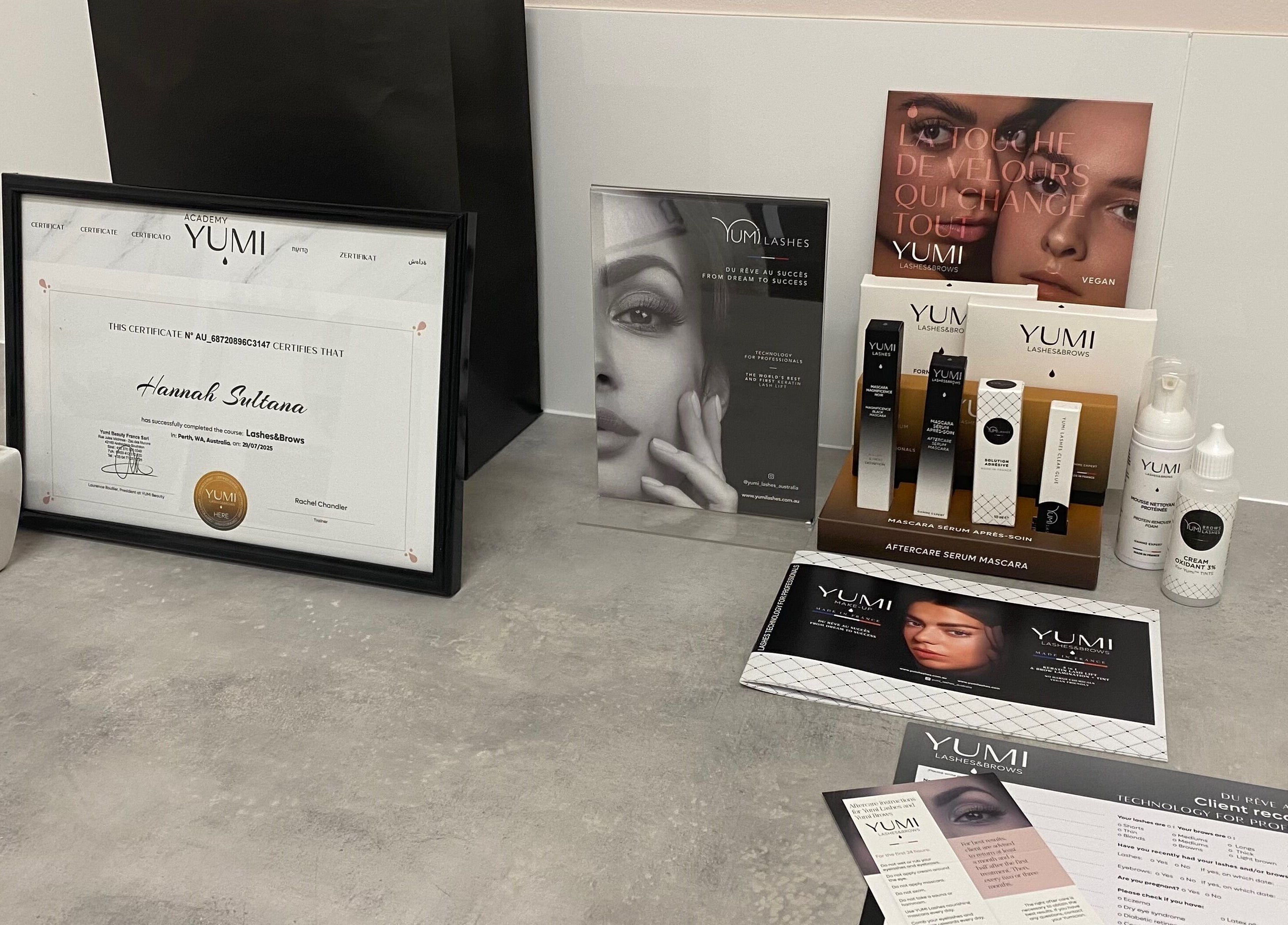 Yumi Lashes certificate and products at Arch & Curl Collective, Joondalup, Western Australia, AU.
