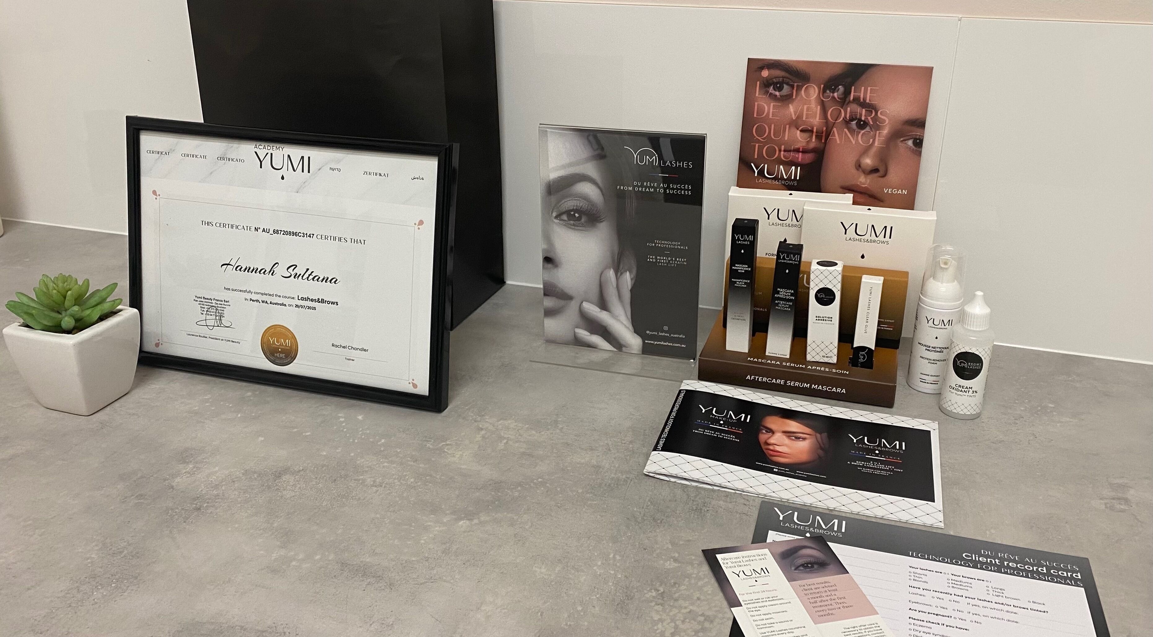 Yumi Lashes certificate and products at Arch & Curl Collective, Joondalup, Western Australia, AU.