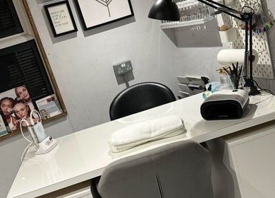 Nail station at The Beauty Shack by Lottie, Banbury, England, GB with decor and beauty tools.