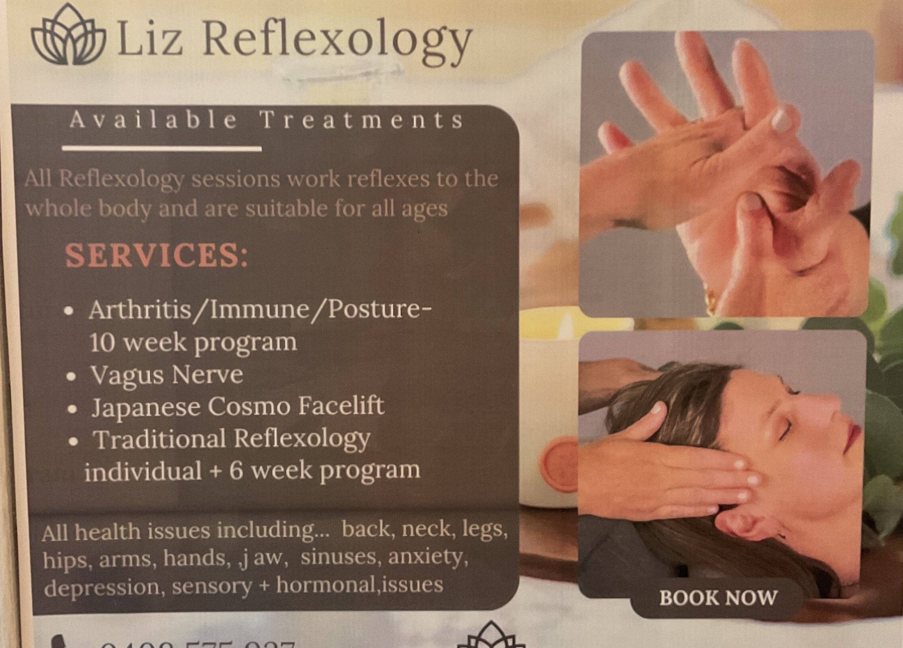 Liz Reflexology services poster at Nails & More Salon, Maffra, Victoria, AU, highlighting wellness treatments.