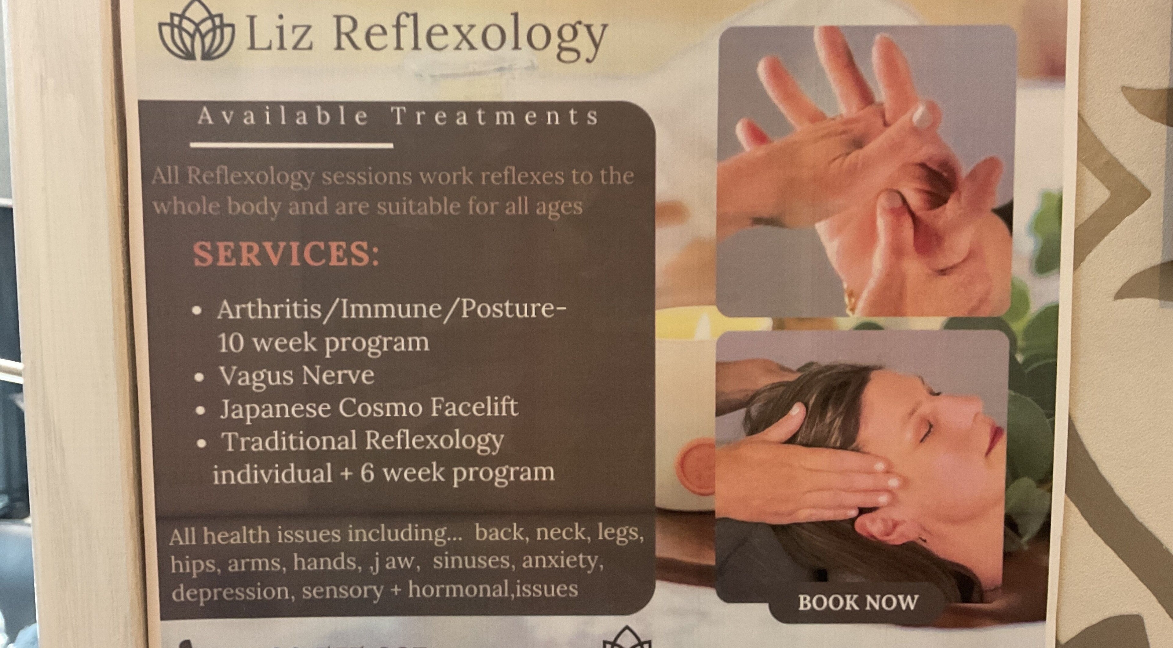 Liz Reflexology services poster at Nails & More Salon, Maffra, Victoria, AU, highlighting wellness treatments.
