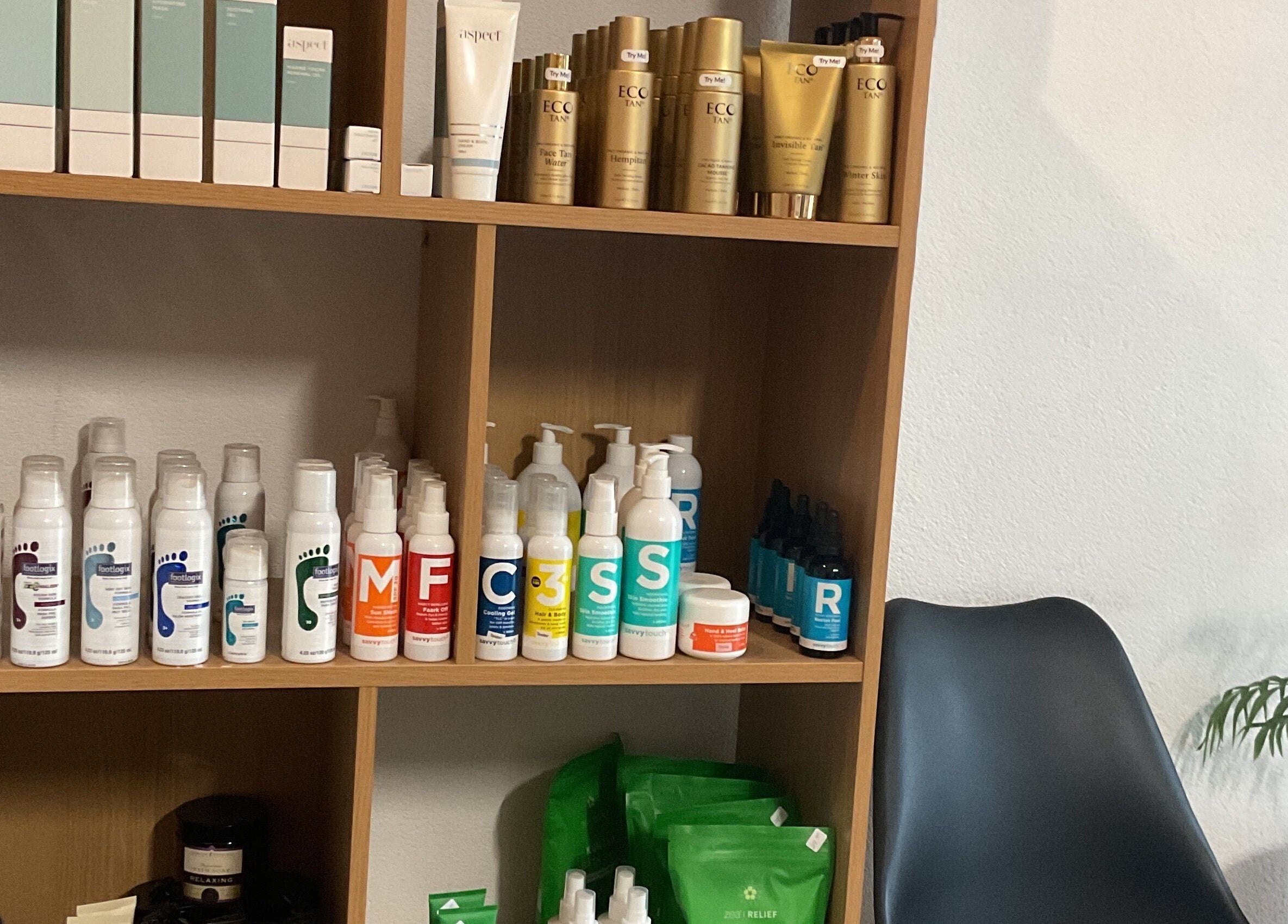 Product display at Nails & More Salon, Maffra, Victoria, AU showcasing a variety of beauty essentials.