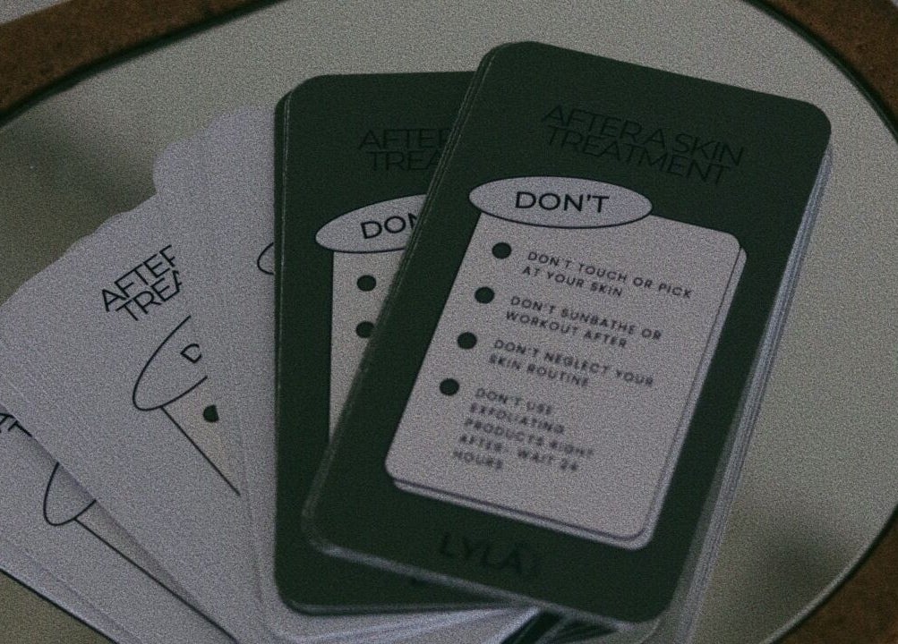 Skincare guidance cards from Lyla Skin Studio, Aliso Viejo, California, US.